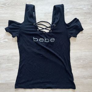 Bebe Vintage Rhinestone Cold Shoulder Top Black-Size S